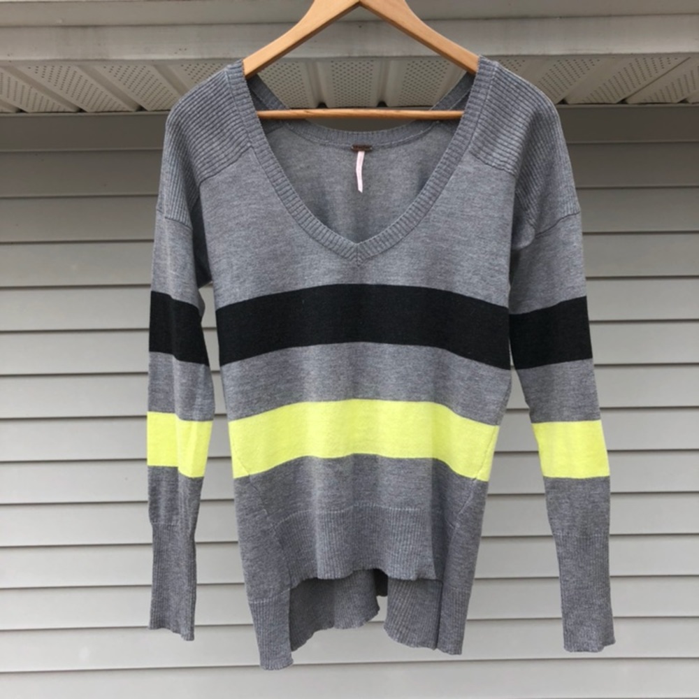 Gray & Lime Green Striped V-Neck Sweater